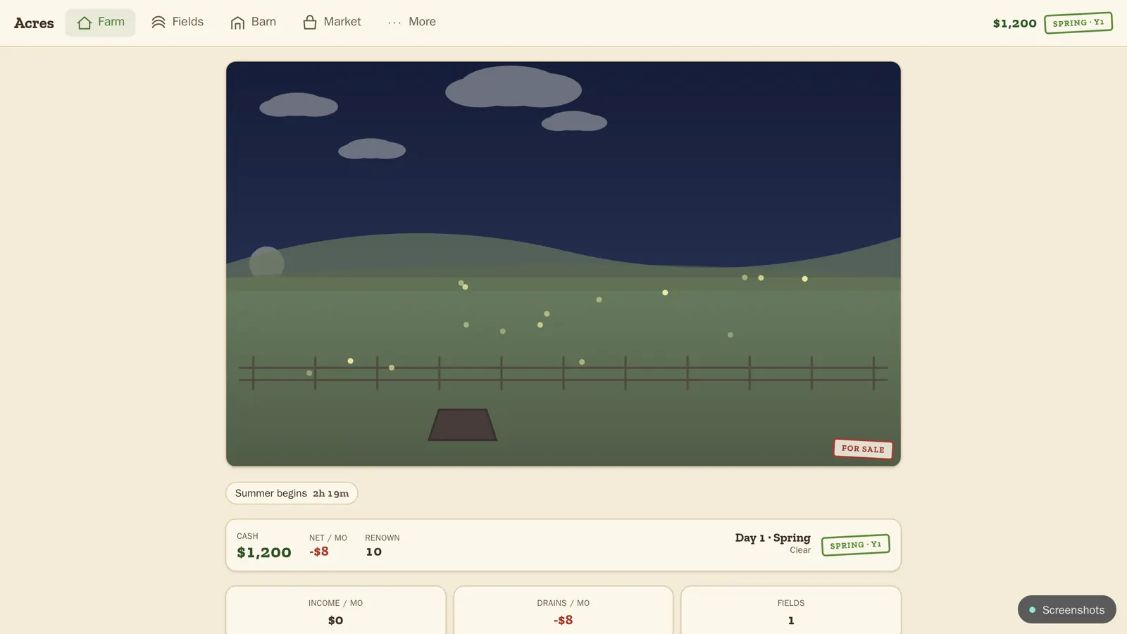 Acres: a farm at night under drifting clouds, with cash and season readouts below