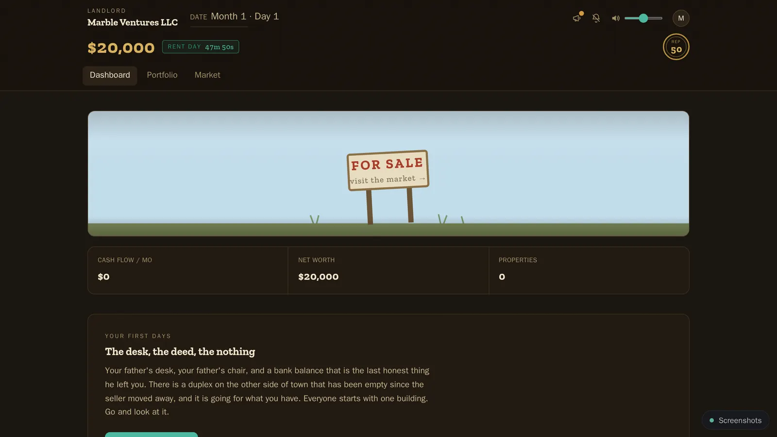 Landlord: the dashboard, showing cash, net worth, and a property for sale