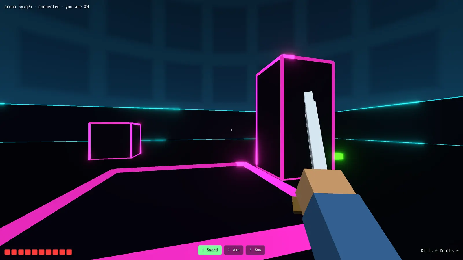 Melee: a first-person view down a neon arena corridor, sword drawn