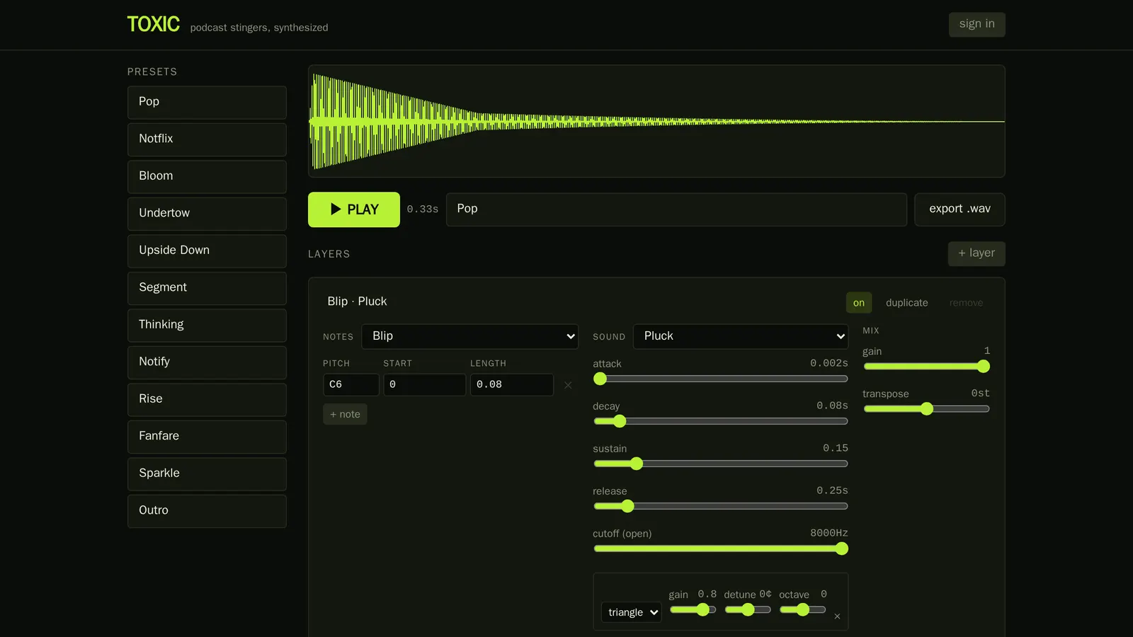 Synth: the layer editor, with a waveform, a preset list, and envelope sliders